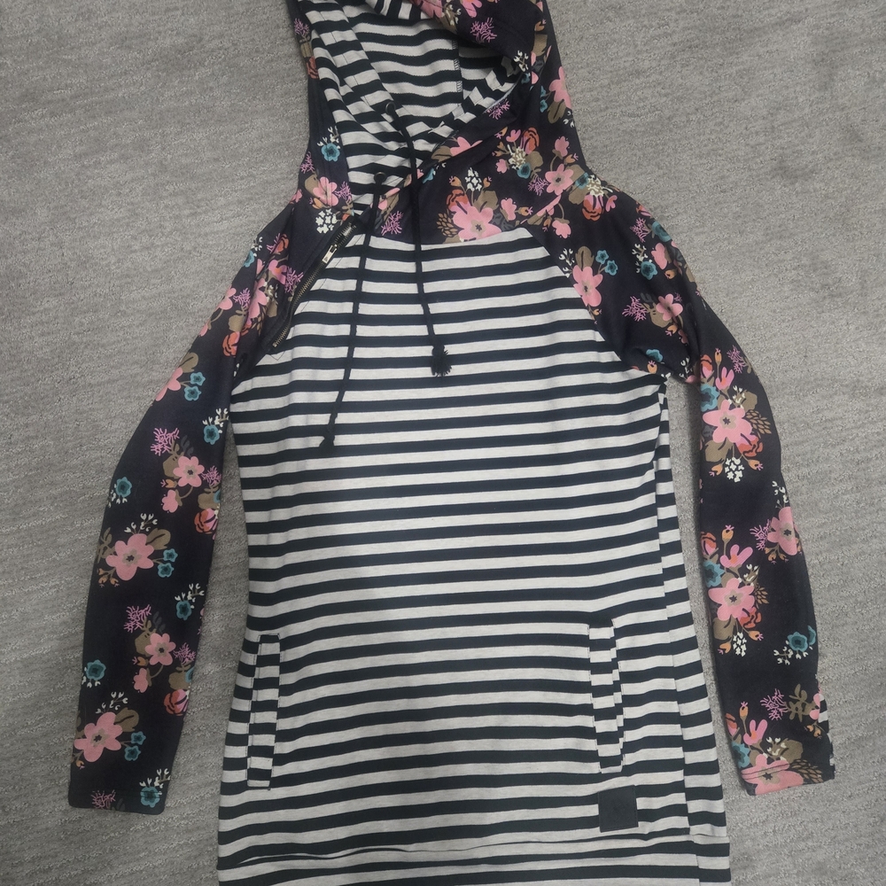 Striped and Floral Hoodie, Black & White, Double Lined Hood With Accent Zipper
